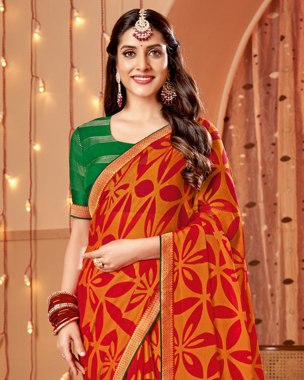 Vishal Prints Orange Dyed Chiffon-Brasso Saree With Zari Border