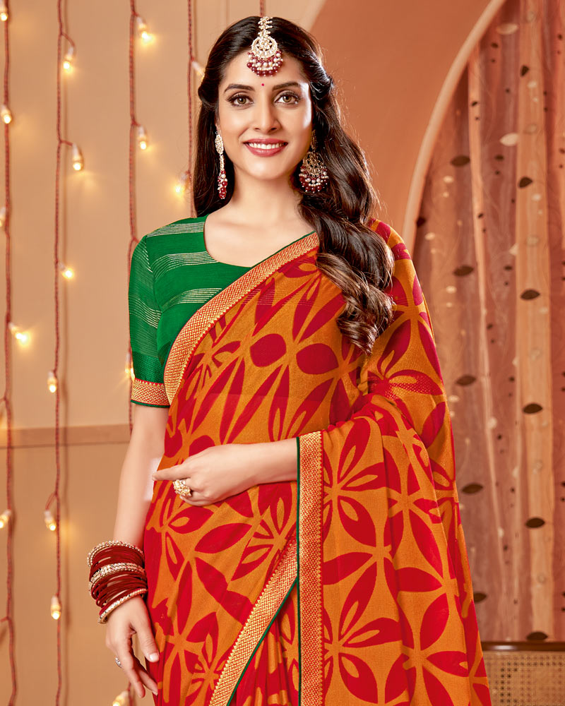 Vishal Prints Orange Dyed Chiffon-Brasso Saree With Zari Border