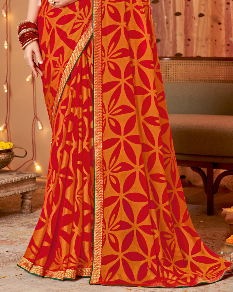 Vishal Prints Orange Dyed Chiffon-Brasso Saree With Zari Border