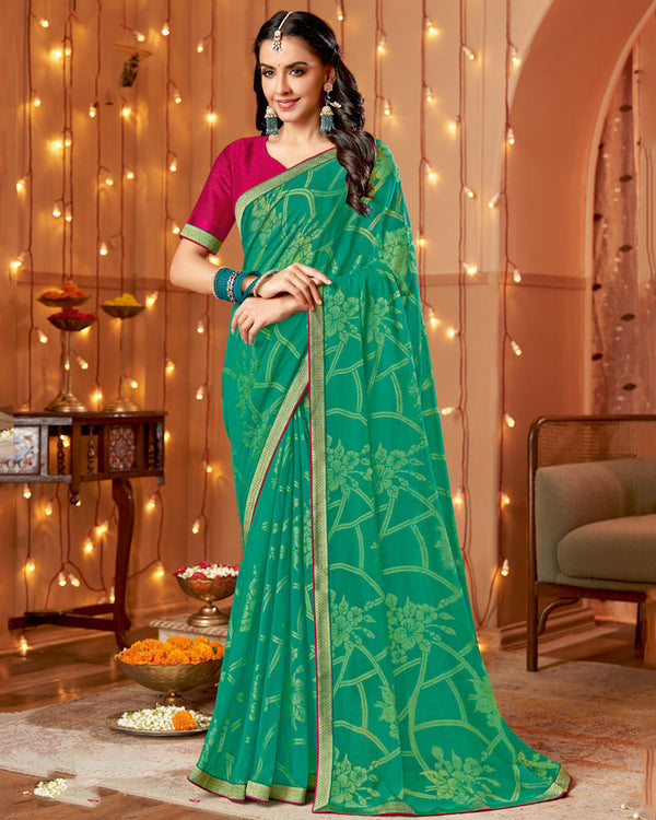 Vishal Prints Teal Green Dyed Chiffon-Brasso Saree With Zari Border