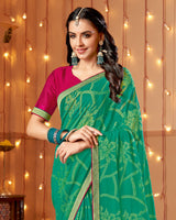 Vishal Prints Teal Green Dyed Chiffon-Brasso Saree With Zari Border