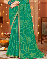 Vishal Prints Teal Green Dyed Chiffon-Brasso Saree With Zari Border