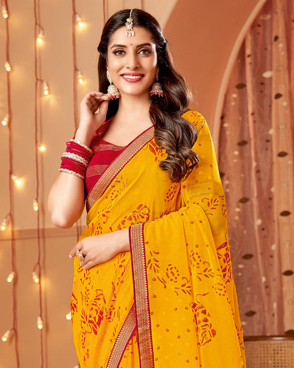 Vishal Prints Yellowish Orange Dyed Chiffon-Brasso Saree With Zari Border