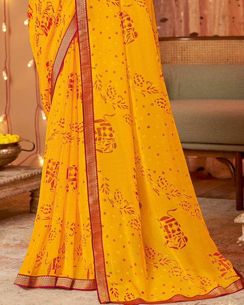 Vishal Prints Yellowish Orange Dyed Chiffon-Brasso Saree With Zari Border