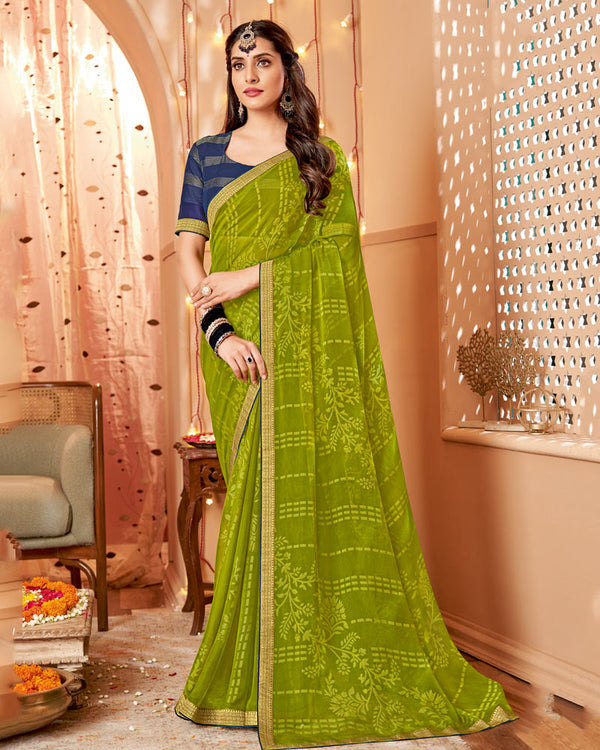 Vishal Prints Mehandi Green Dyed Chiffon-Brasso Saree With Zari Border