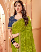 Vishal Prints Mehandi Green Dyed Chiffon-Brasso Saree With Zari Border