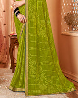 Vishal Prints Mehandi Green Dyed Chiffon-Brasso Saree With Zari Border