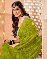 Vishal Prints Mehandi Green Dyed Chiffon-Brasso Saree With Zari Border