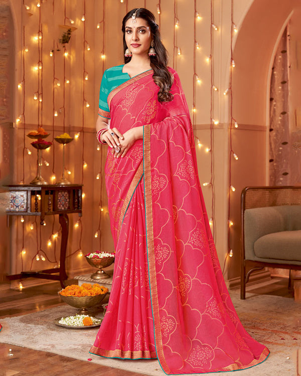 Vishal Prints Strawberry Pink Dyed Chiffon-Brasso Saree With Zari Border