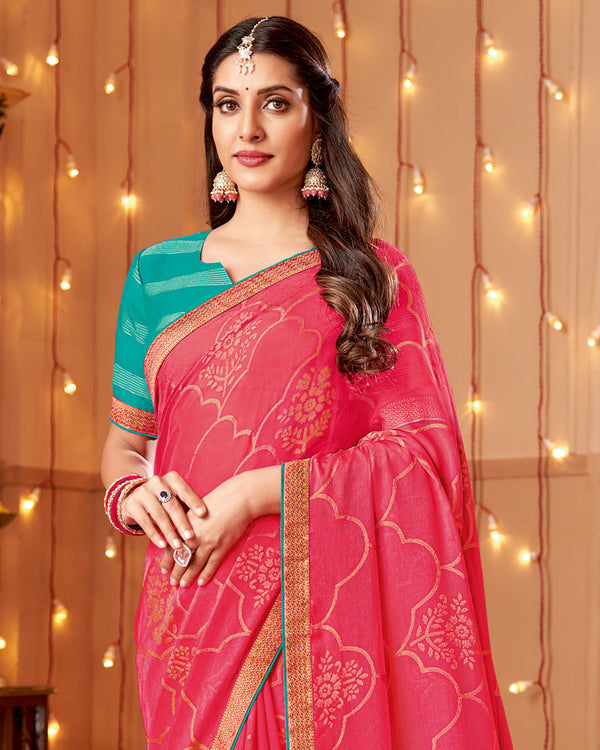 Vishal Prints Strawberry Pink Dyed Chiffon-Brasso Saree With Zari Border