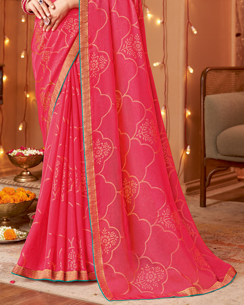 Vishal Prints Strawberry Pink Dyed Chiffon-Brasso Saree With Zari Border