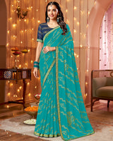 Vishal Prints Pacific Blue Dyed Chiffon-Brasso Saree With Zari Border