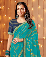 Vishal Prints Pacific Blue Dyed Chiffon-Brasso Saree With Zari Border