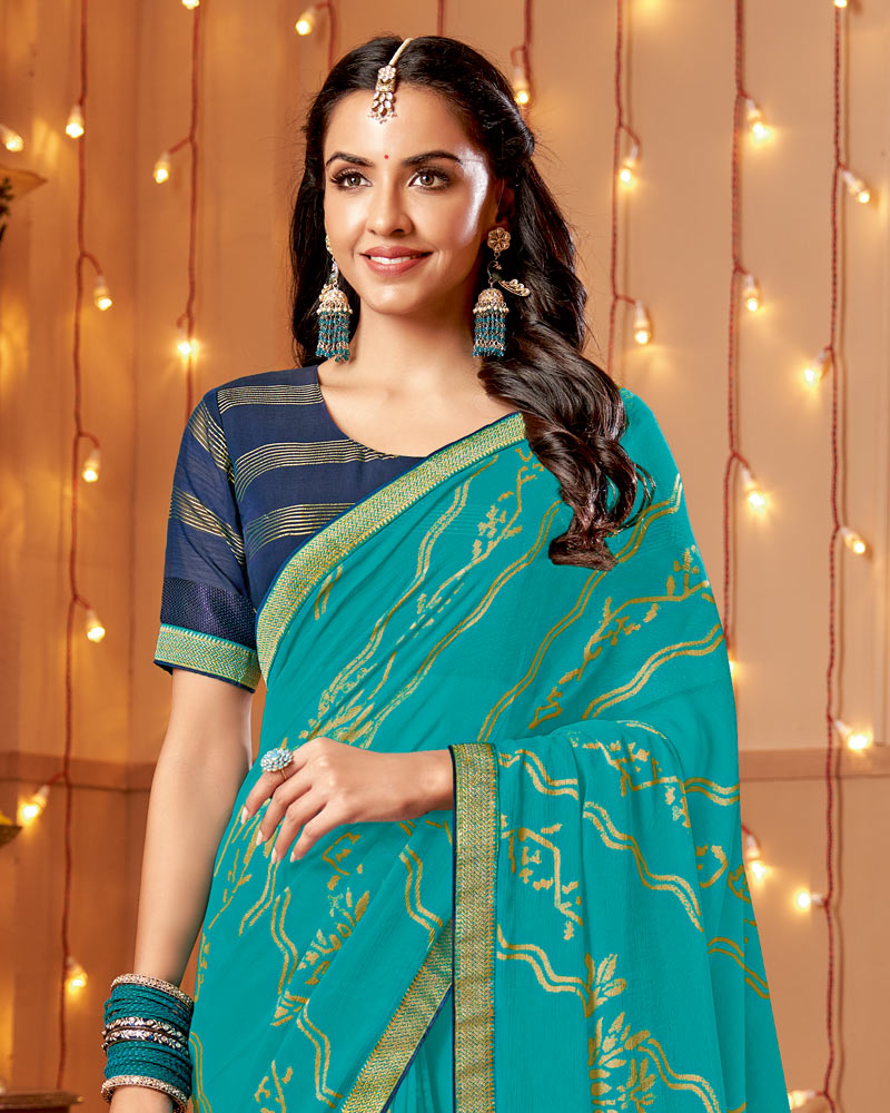 Vishal Prints Pacific Blue Dyed Chiffon-Brasso Saree With Zari Border