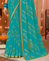 Vishal Prints Pacific Blue Dyed Chiffon-Brasso Saree With Zari Border