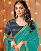 Vishal Prints Pacific Blue Dyed Chiffon-Brasso Saree With Zari Border