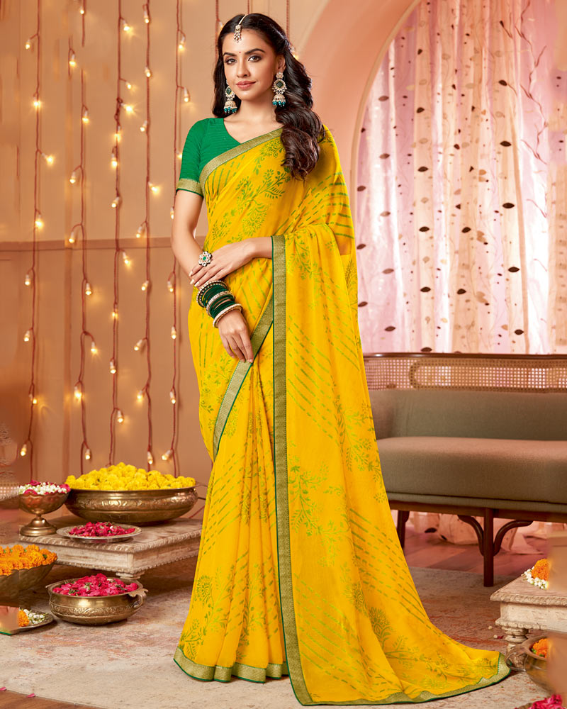 Vishal Prints Yellow Dyed Chiffon-Brasso Saree With Zari Border