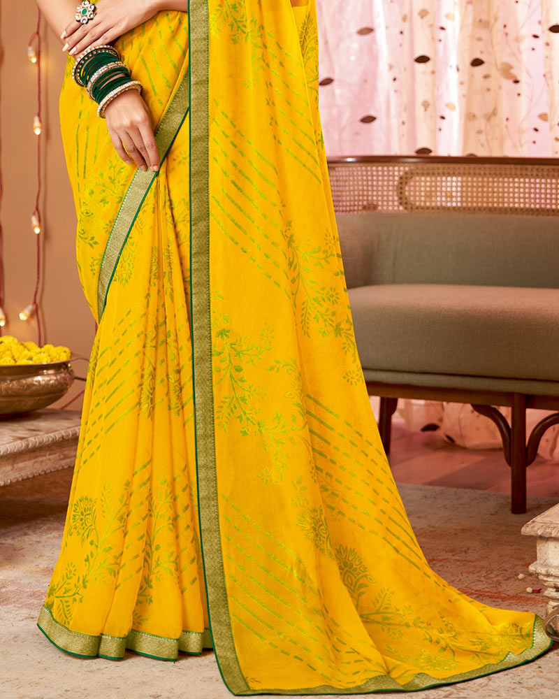 Vishal Prints Yellow Dyed Chiffon-Brasso Saree With Zari Border