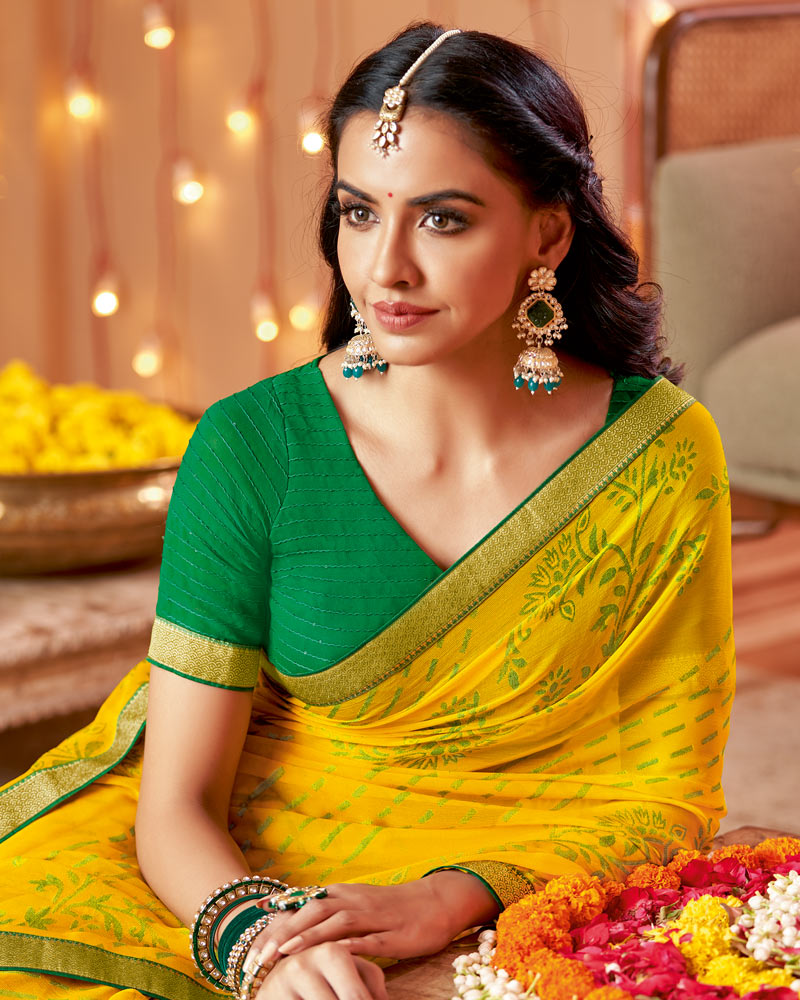 Vishal Prints Yellow Dyed Chiffon-Brasso Saree With Zari Border