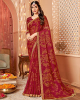 Vishal Prints Brick Red Dyed Chiffon-Brasso Saree With Zari Border