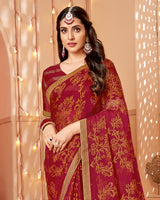 Vishal Prints Brick Red Dyed Chiffon-Brasso Saree With Zari Border