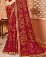 Vishal Prints Brick Red Dyed Chiffon-Brasso Saree With Zari Border