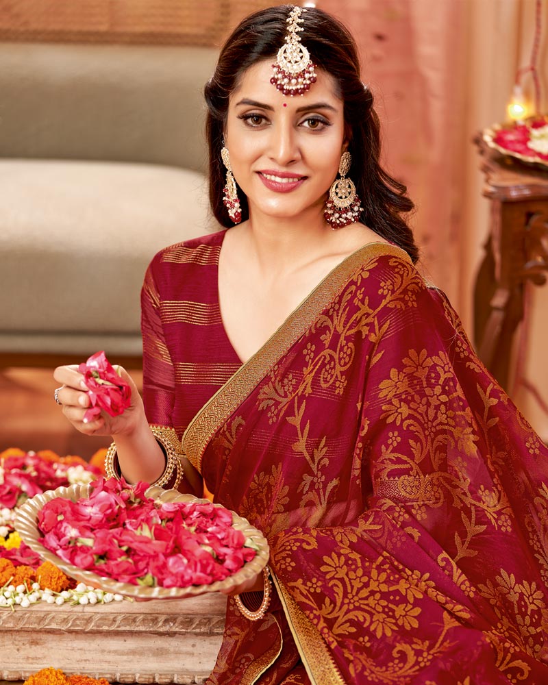 Vishal Prints Brick Red Dyed Chiffon-Brasso Saree With Zari Border