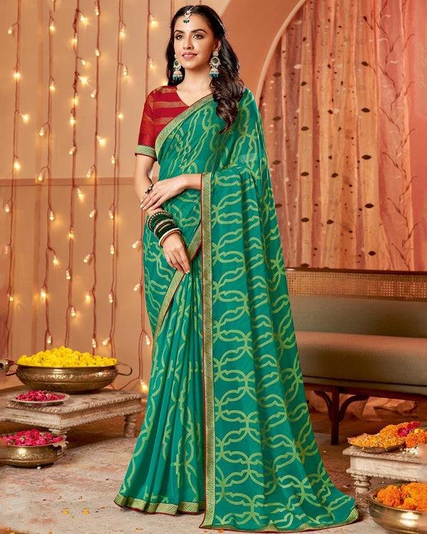 Vishal Prints Dark Green Dyed Chiffon-Brasso Saree With Zari Border