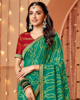 Vishal Prints Dark Green Dyed Chiffon-Brasso Saree With Zari Border