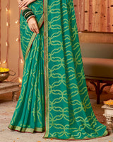 Vishal Prints Dark Green Dyed Chiffon-Brasso Saree With Zari Border