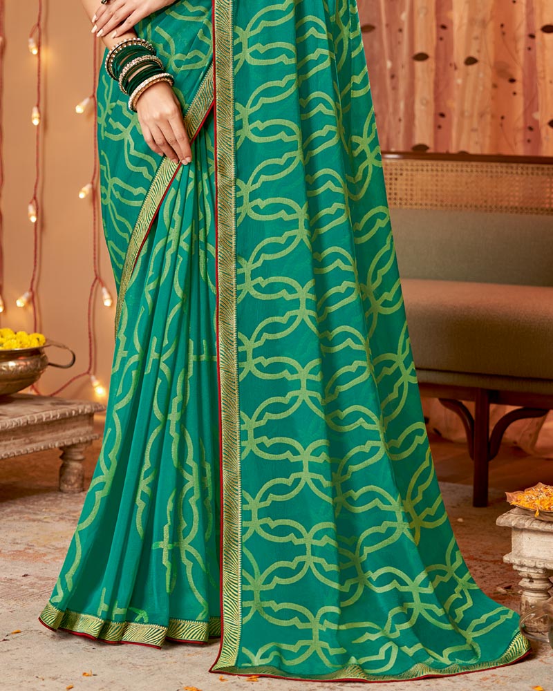 Vishal Prints Dark Green Dyed Chiffon-Brasso Saree With Zari Border