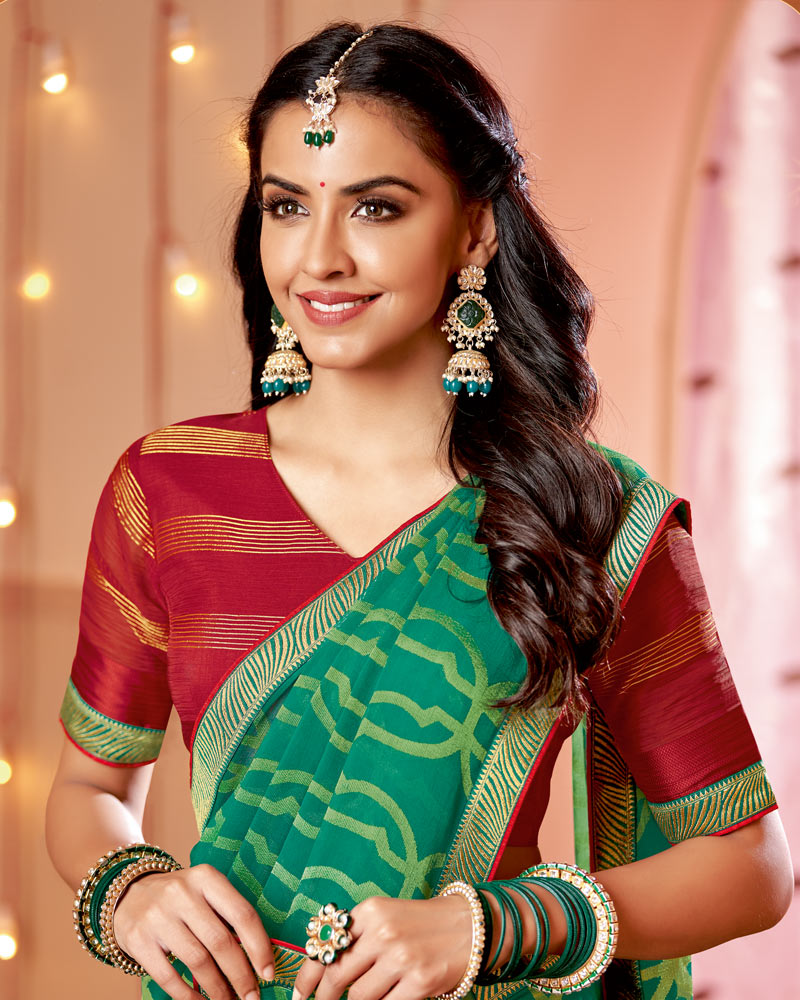 Vishal Prints Dark Green Dyed Chiffon-Brasso Saree With Zari Border