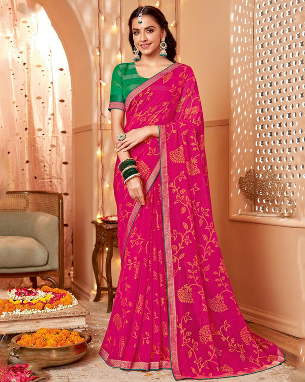 Vishal Prints Hot Pink Dyed Chiffon-Brasso Saree With Zari Border