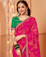 Vishal Prints Hot Pink Dyed Chiffon-Brasso Saree With Zari Border