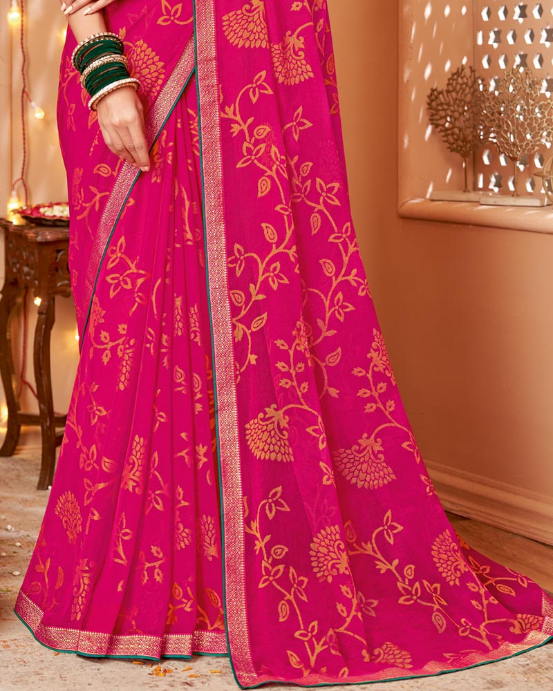 Vishal Prints Hot Pink Dyed Chiffon-Brasso Saree With Zari Border