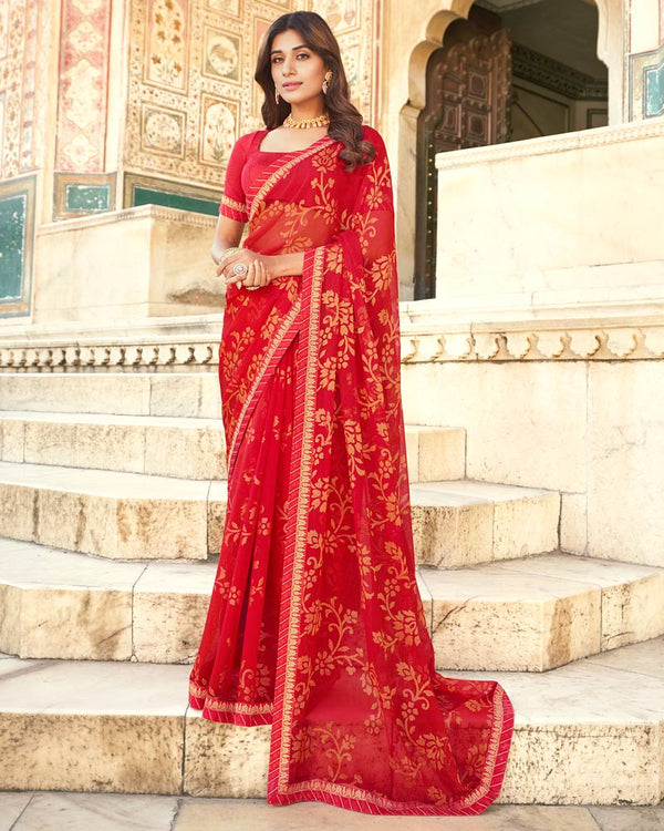 Vishal Prints Cherry Red Brasso Saree With Border