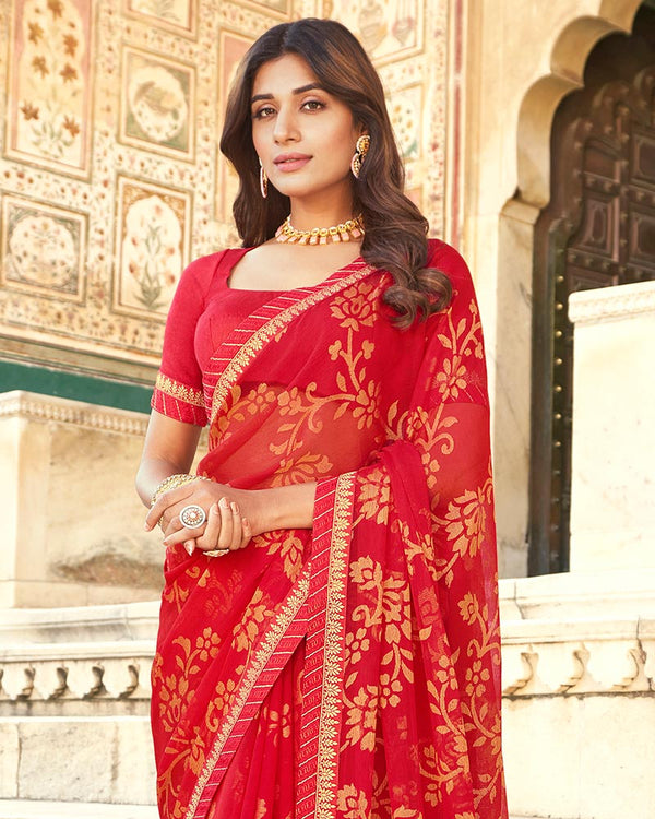 Vishal Prints Cherry Red Brasso Saree With Border