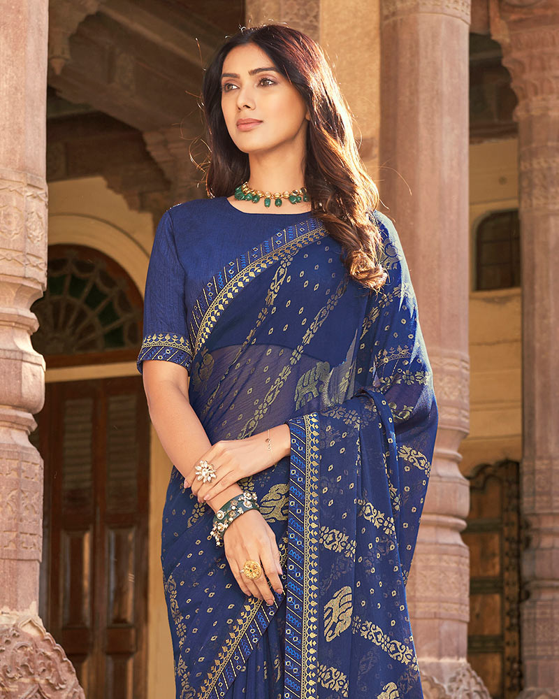 Vishal Prints Navy Blue Brasso Saree With Border