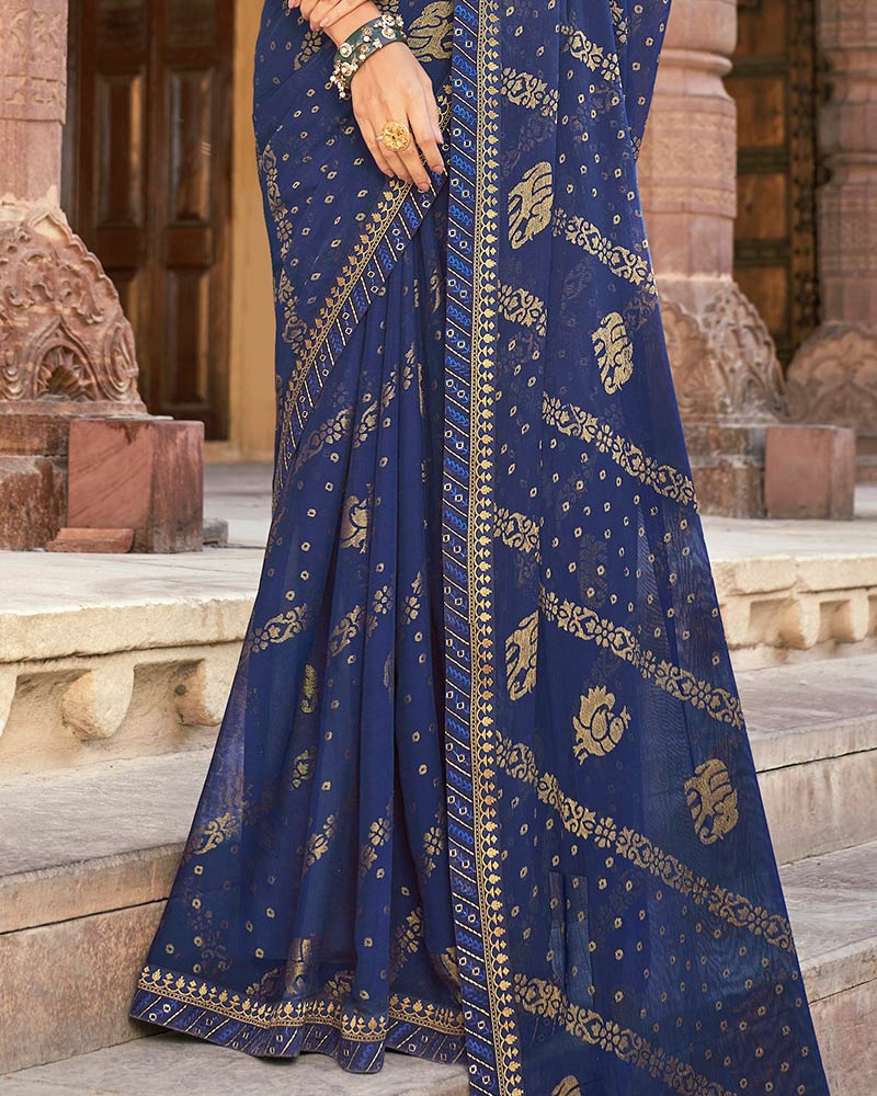 Vishal Prints Navy Blue Brasso Saree With Border