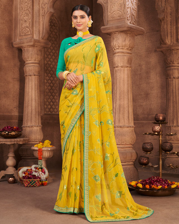 Vishal Prints Yellow Brasso Saree With Foil Print And Zari Border