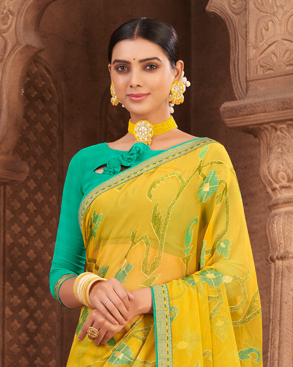 Vishal Prints Yellow Brasso Saree With Foil Print And Zari Border