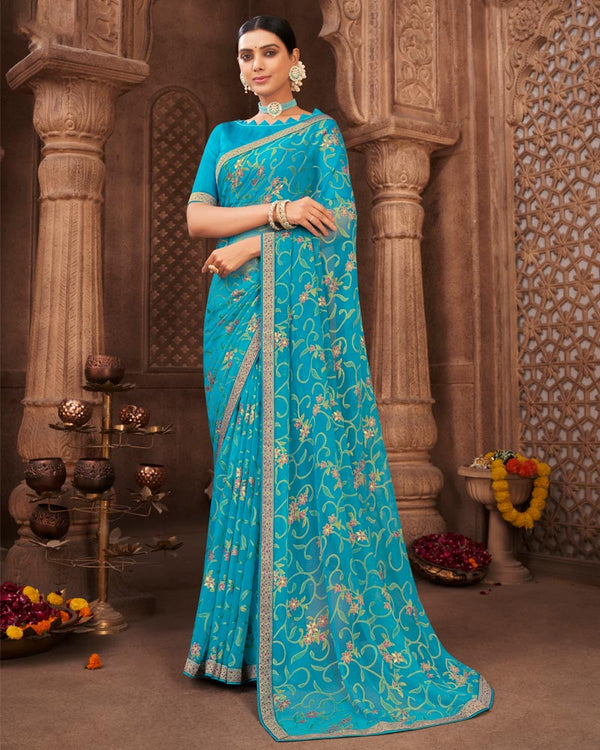 Vishal Prints Blue Brasso Saree With Foil Print And Zari Border