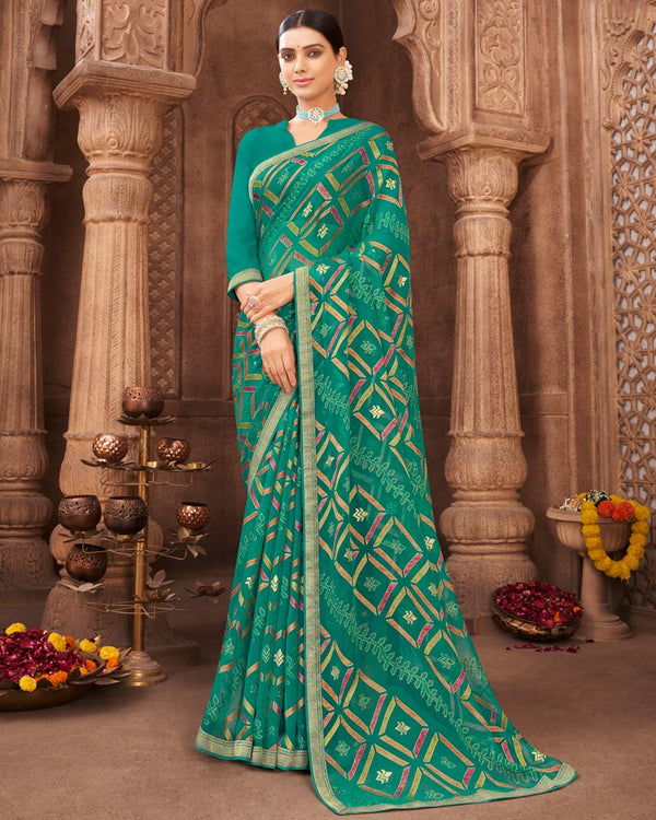 Vishal Prints Teal Green Brasso Saree With Foil Print And Zari Border