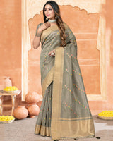 Vishal Prints Sand Grey Poly Cotton Saree With Embroidery-Diamond Work And Tassel