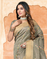 Vishal Prints Sand Grey Poly Cotton Saree With Embroidery-Diamond Work And Tassel