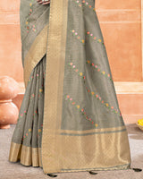 Vishal Prints Sand Grey Poly Cotton Saree With Embroidery-Diamond Work And Tassel