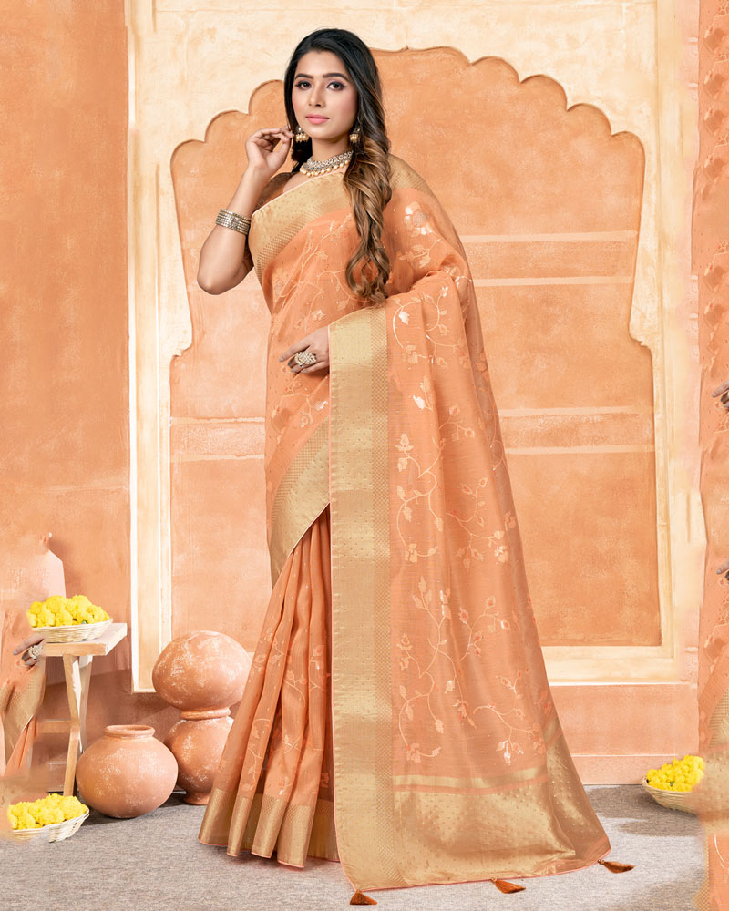 Vishal Prints Apricot Orange Poly Cotton Saree With Embroidery-Diamond Work And Tassel