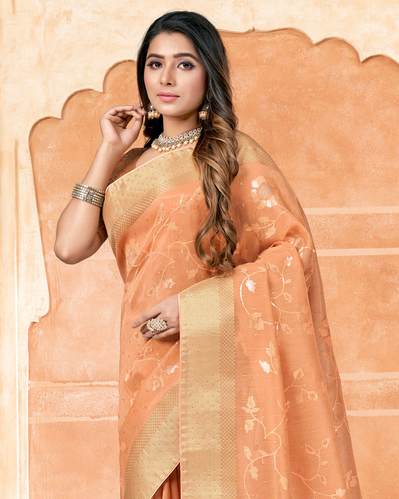 Vishal Prints Apricot Orange Poly Cotton Saree With Embroidery-Diamond Work And Tassel