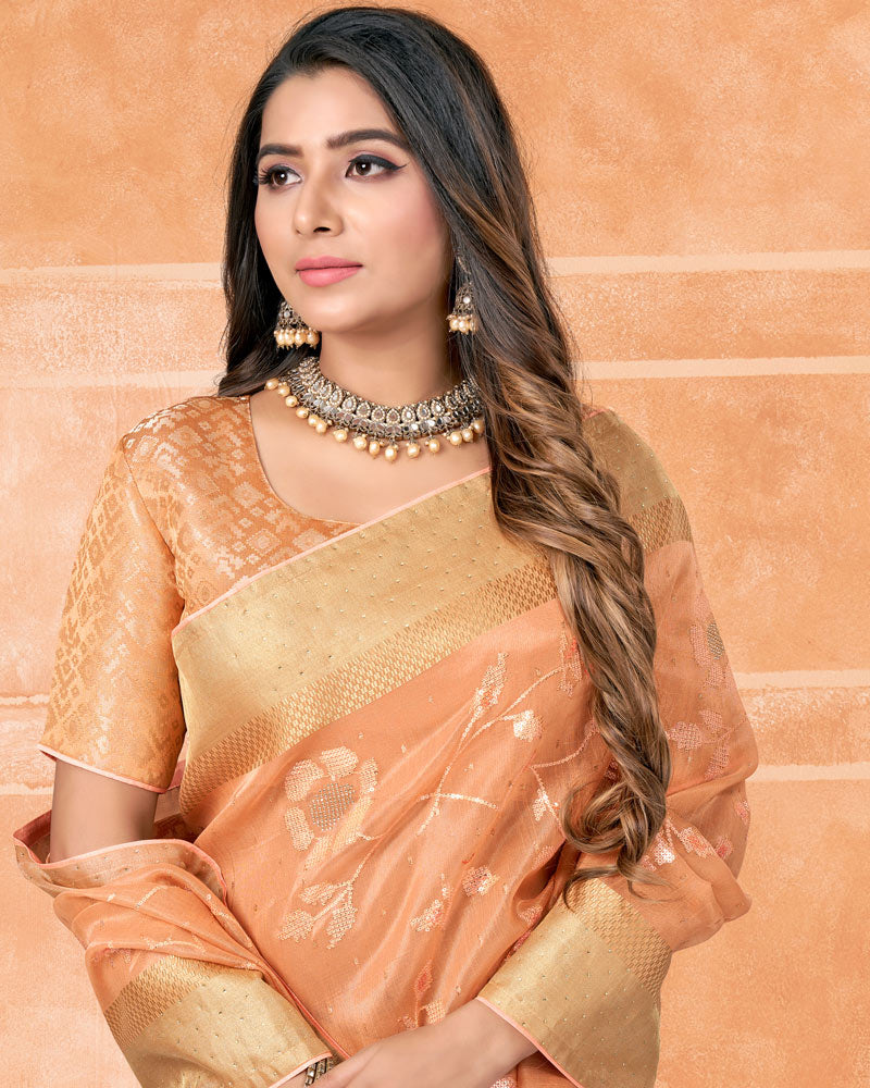 Vishal Prints Apricot Orange Poly Cotton Saree With Embroidery-Diamond Work And Tassel