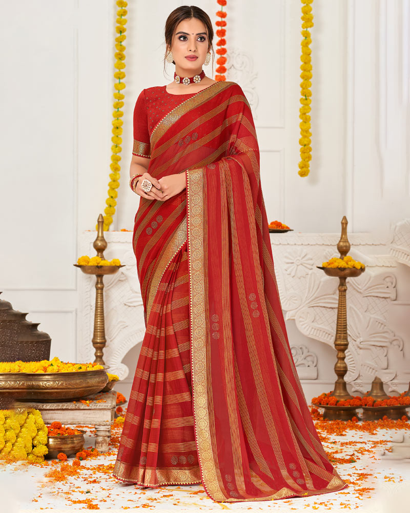 Vishal Prints Red Chiffon Saree With Stone Work And Zari Border